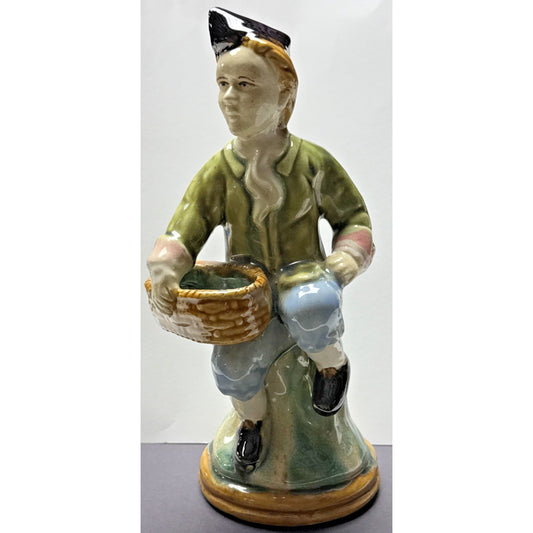 Vintage Majolica Pottery Glazed Crackle Man Holding Basket Sitting Signed As Is