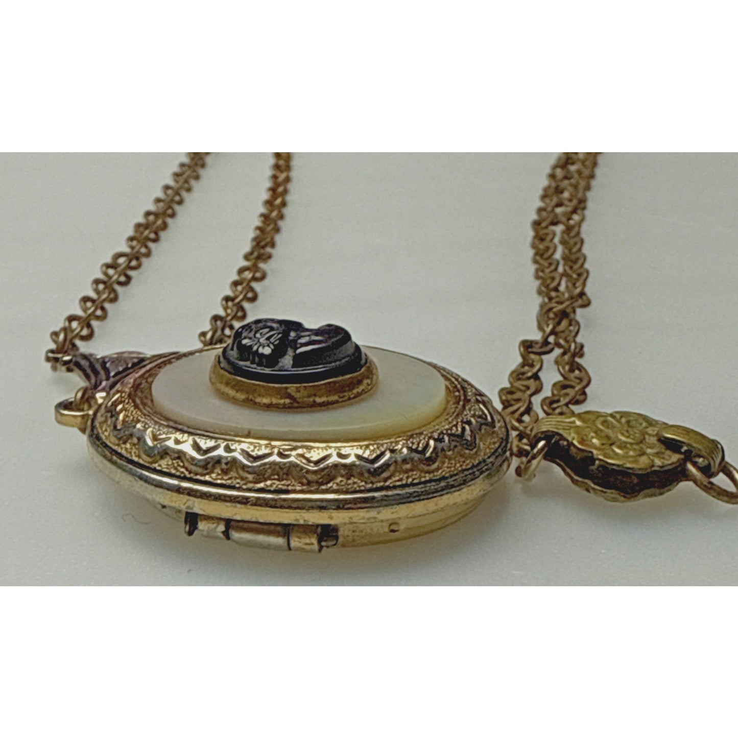 Vintage Black Celluloid Cameo Mother Of Pearl Locket Engraved Pendant Necklace