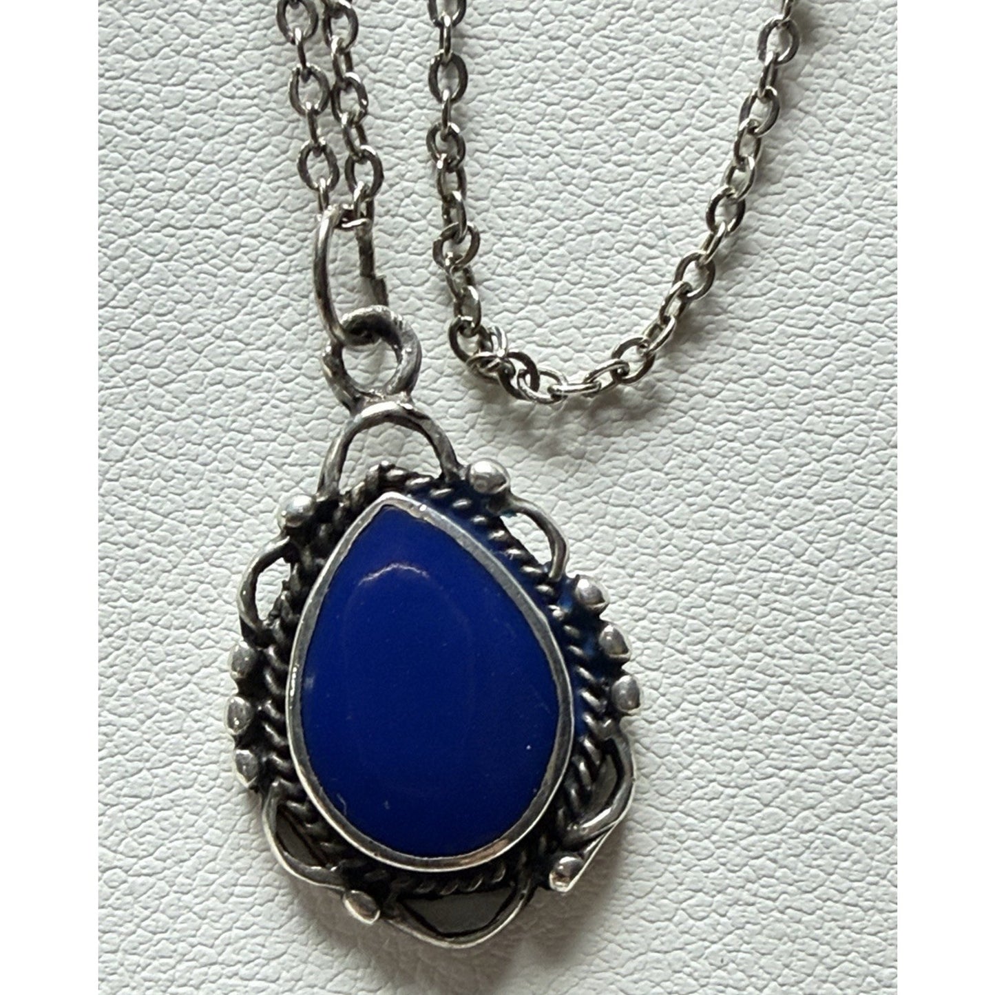 Vintage Sterling Silver Teardrop Pendant Necklace Blue Enamel As Is