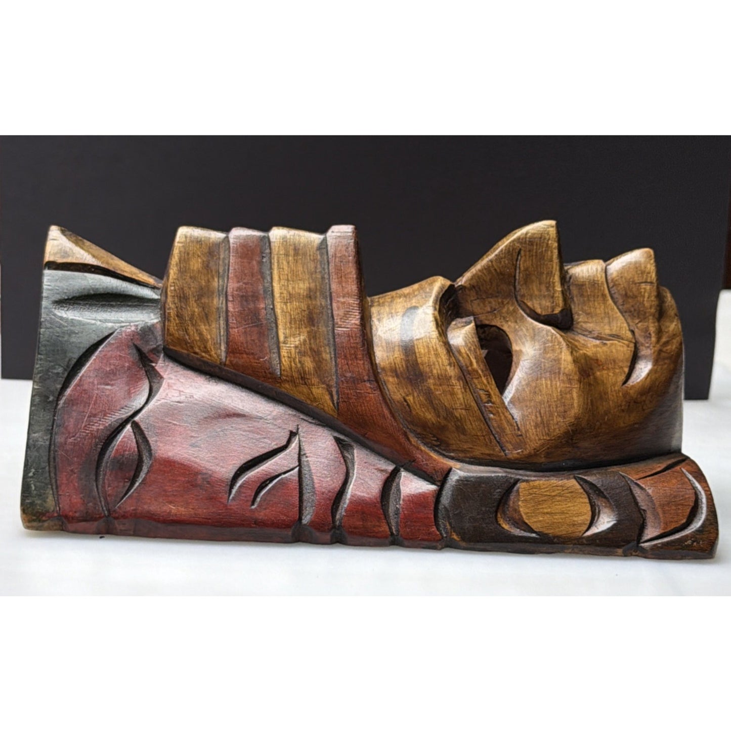 Vintage Mayan Aztec Carved Hand Painted Warrior Chief Mask Totem Tiki Wall Art