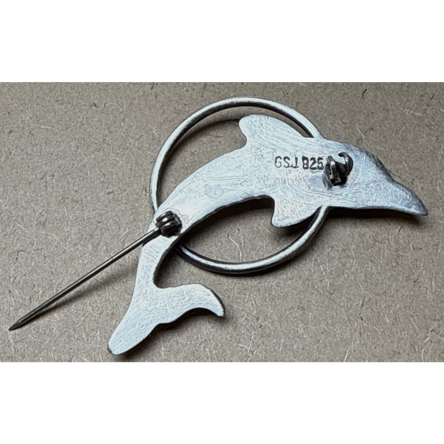 Vintage GSJ Sterling Silver 925 Dolphin Brooch Pin Hoop Trick Large As-Is