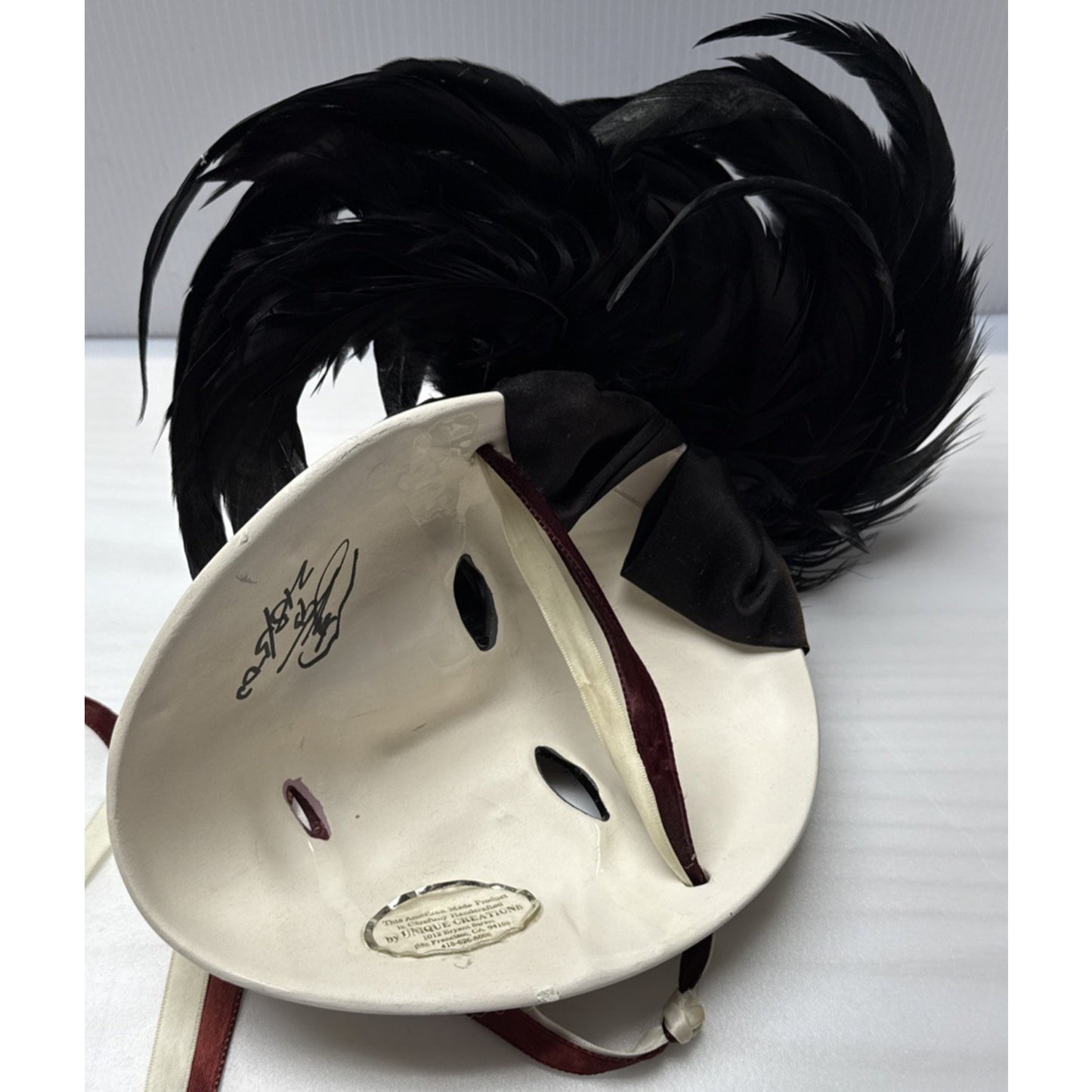 Unique Creations Ceramic Glazed Mask Feathers Pearl Signed Sticker 318/500 As-Is