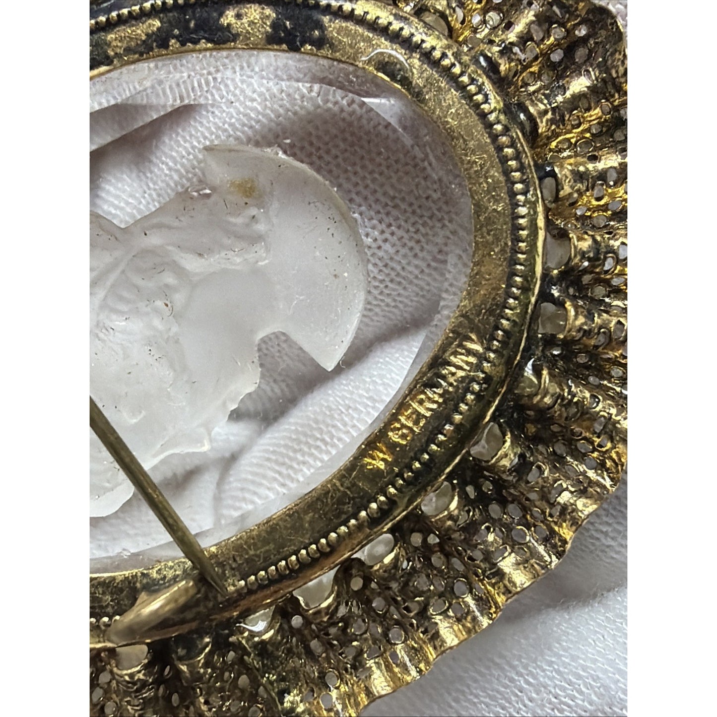 West Germany Intaglio Victorian Cameo Faceted Brooch Filigree Mini Faux Pearls