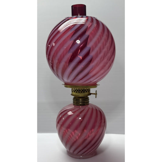 Antique Cranberry Swirl Opalescent Miniature Oil Lamp Red Hurricane Scarce As-Is