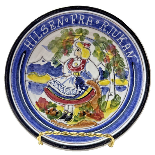 Vintage Terra 1 Norway Hand Painted Folk Art Plate Greetings from Rjukan Girl