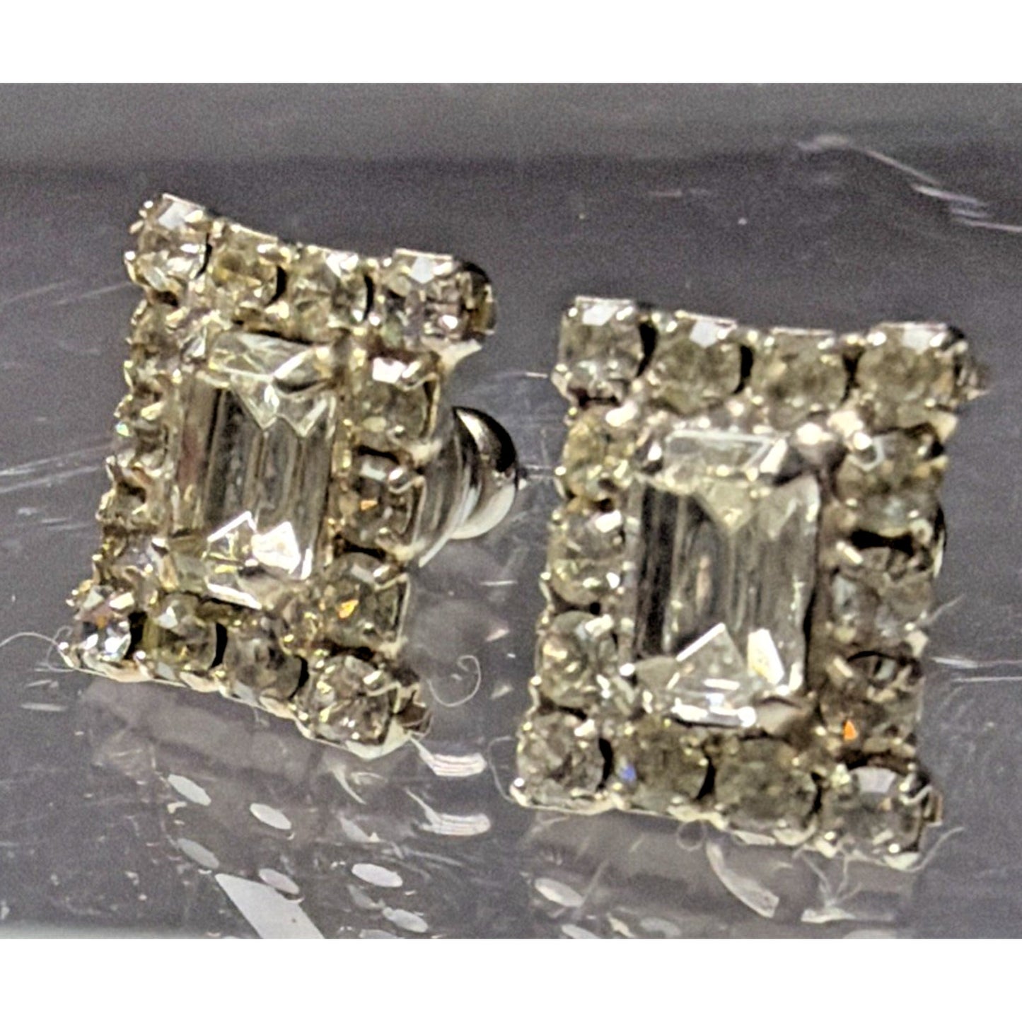 Vintage Emerald Cut Baguette Rhinestone Halo Cluster Pierced Earrings Prong Stud