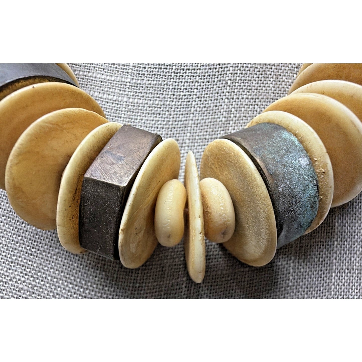 Old Ethnic Native Carved Bovine Camel Bone Brass Bronze Chunky Necklace Disc
