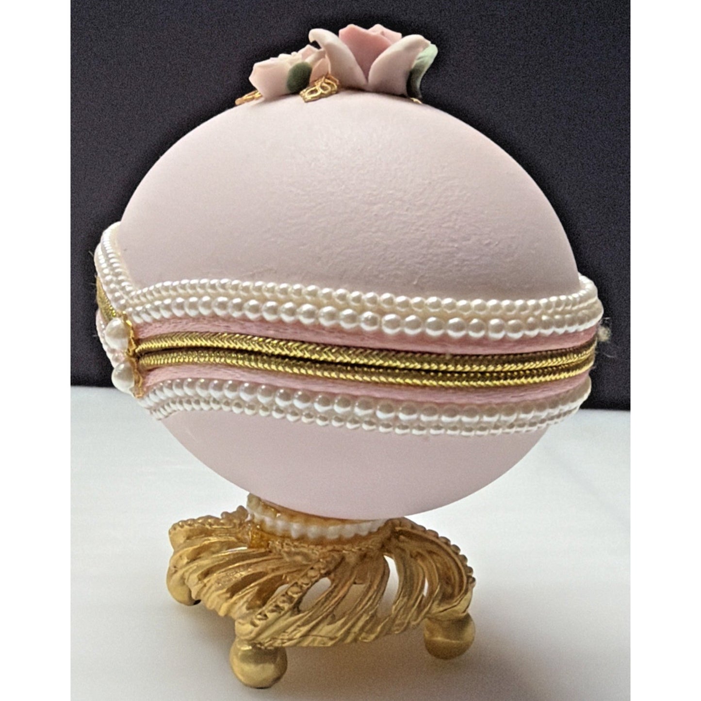 Egg Fantasy Hand Decorated Goose Egg Pink Trinket Jewelry Box Porcelain Flowers