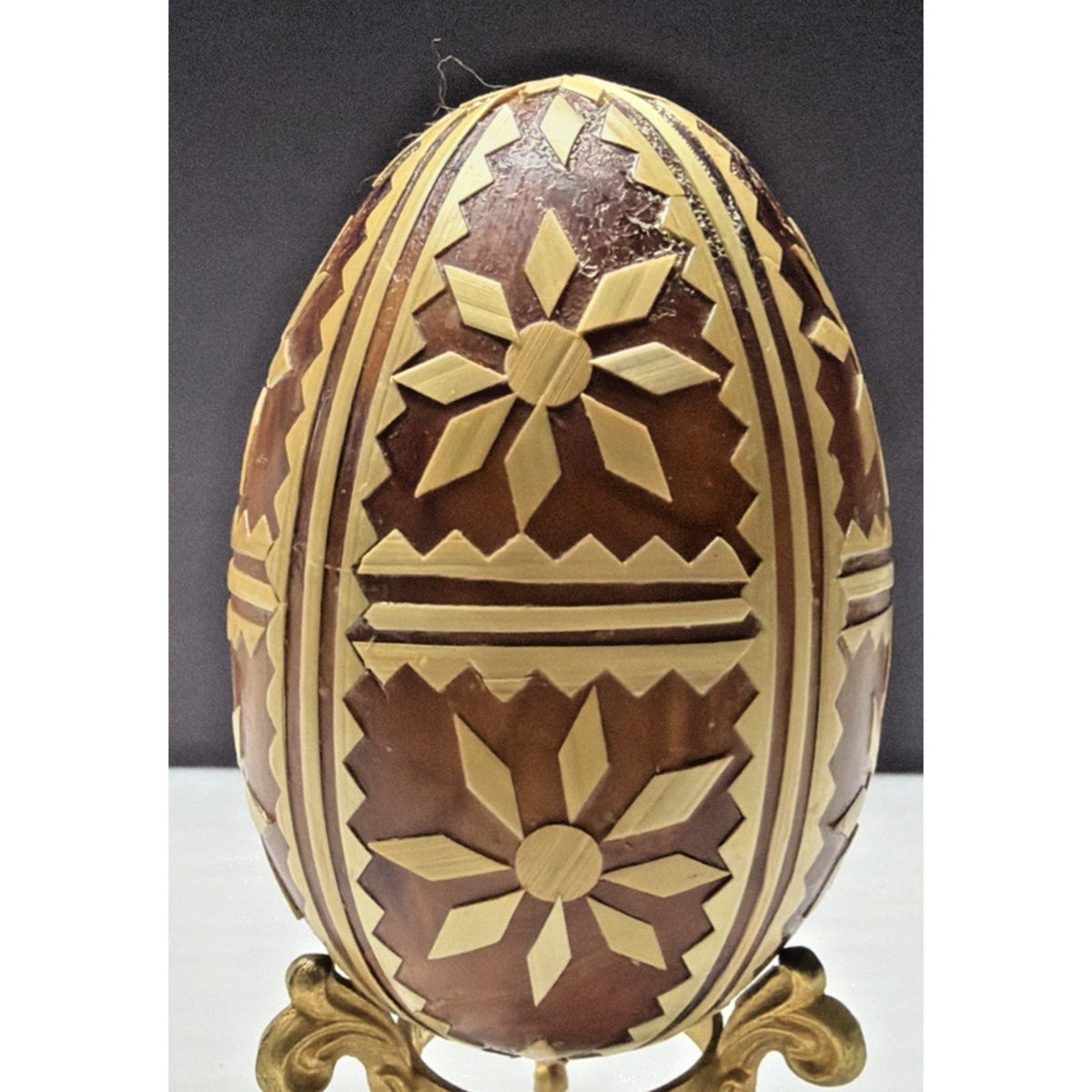 Pysanka Wooden Easter Egg Ukrainian Pysanky Carved Straw Starburst Trypillian