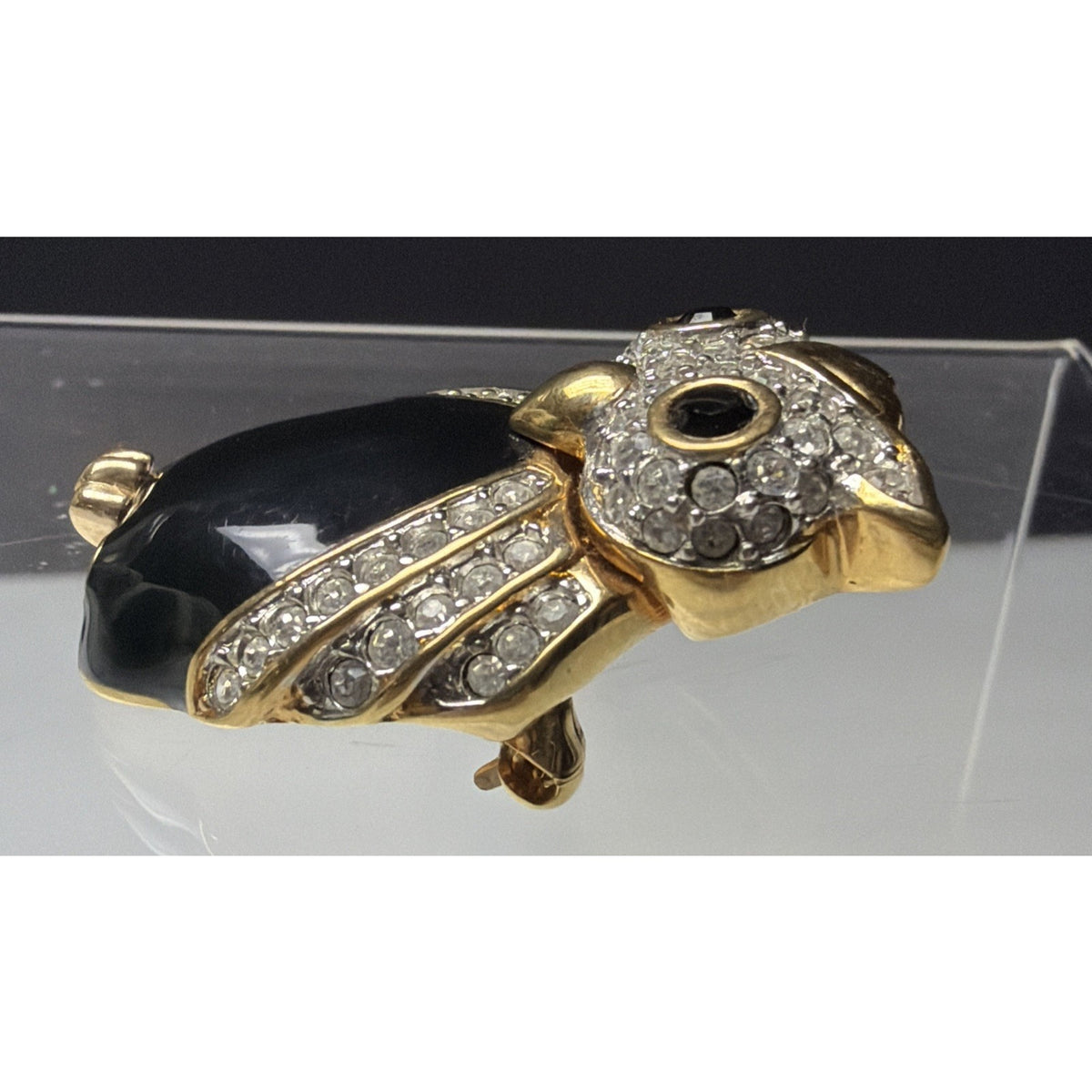 Vtg Swarovski SAL Pave Crystal Black Cabochon Enamel Owl Brooch Bird Pin As Is