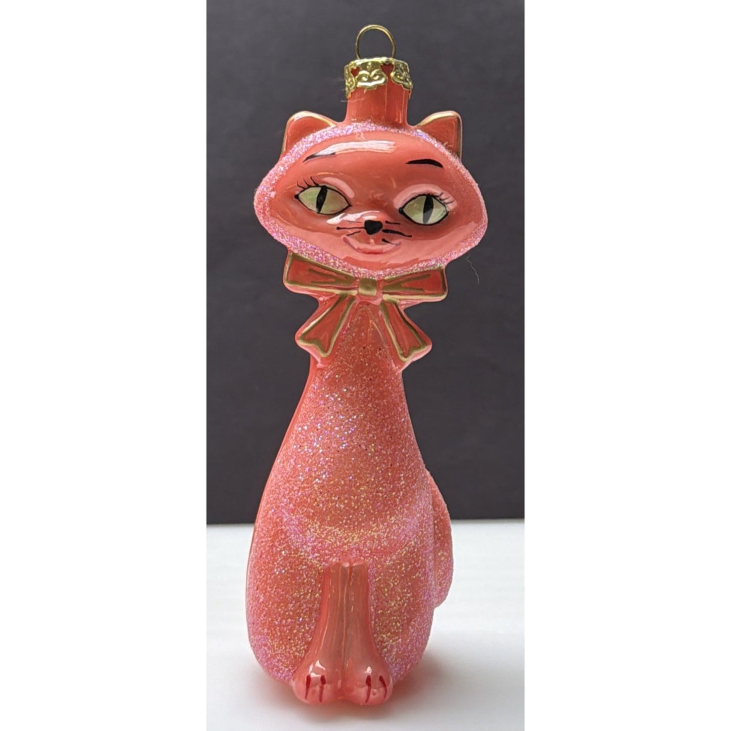 MCM Cody Foster Kitschy Kitten Glass Cat Ornament Coral Glitter