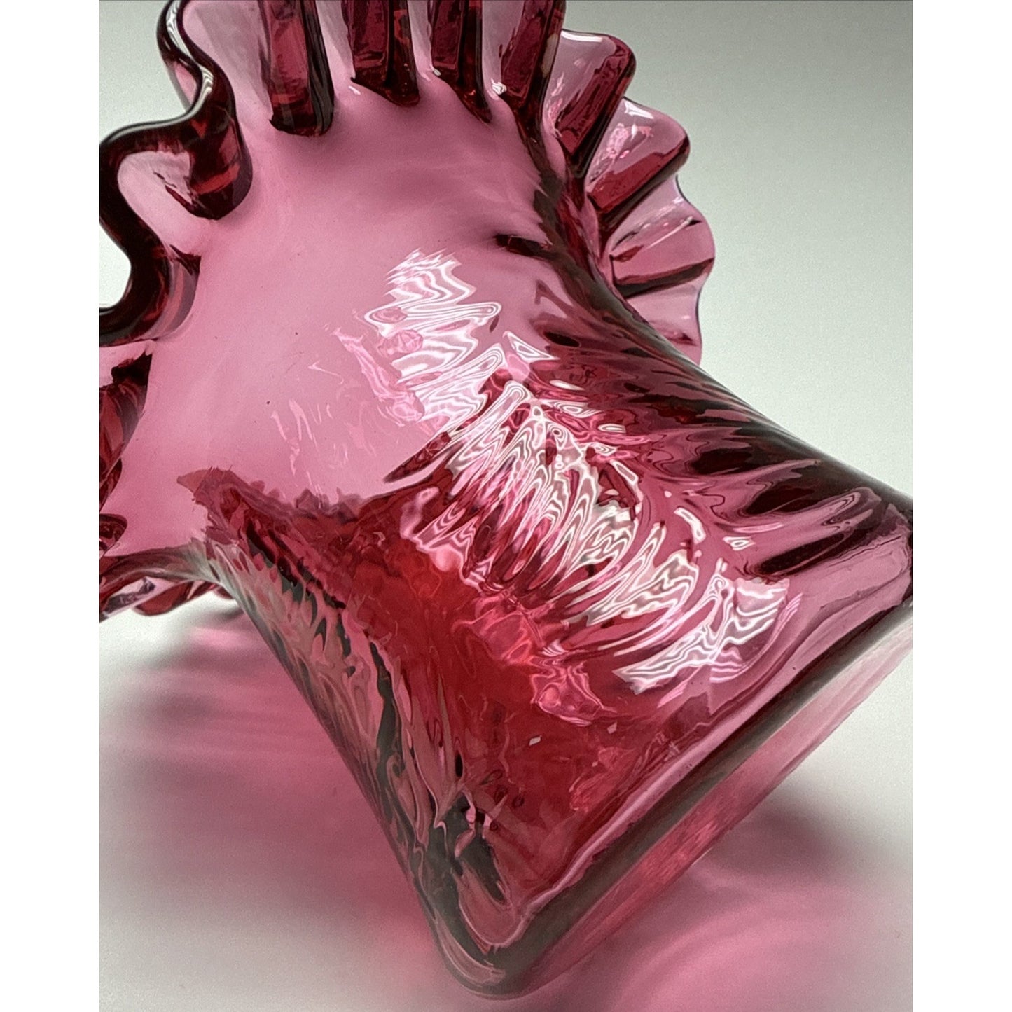 Vintage Fenton Glass Cranberry Embossed Fern #7235 Crimped Hat Vase