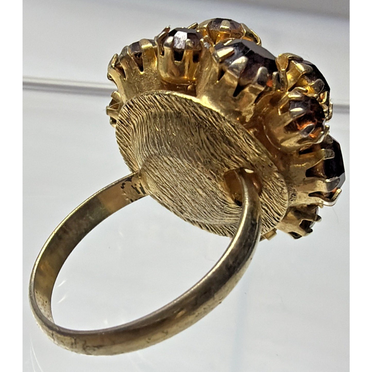 Vtg Gold Tone Adjustable Ring Amber Brown Rhinestone Cluster Prong Dome As Is