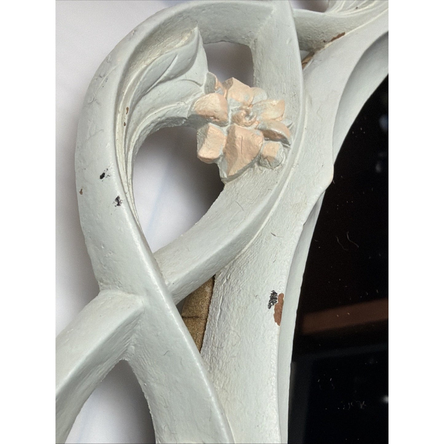 Vintage Syroco Wood Ornate Standing Hanging Mirror Green Pink Flower Buds As Is