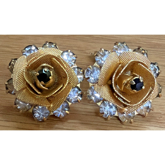 Vintage Rose Rosette Gold Tone Flower Clip On Earrings Black Clear Rhinestones