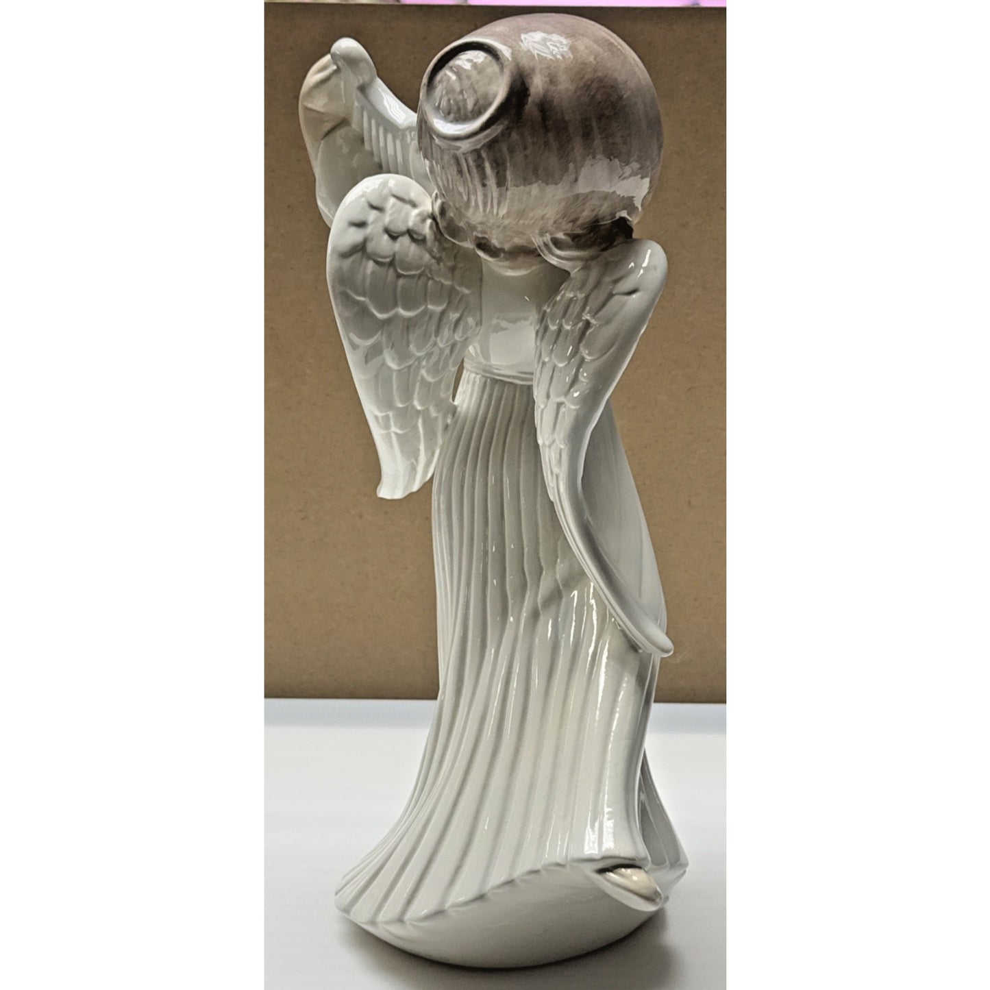 Vintage Atlantic Mold Ceramic Angel Playing Harp Hand Painted Glazed Large As Is