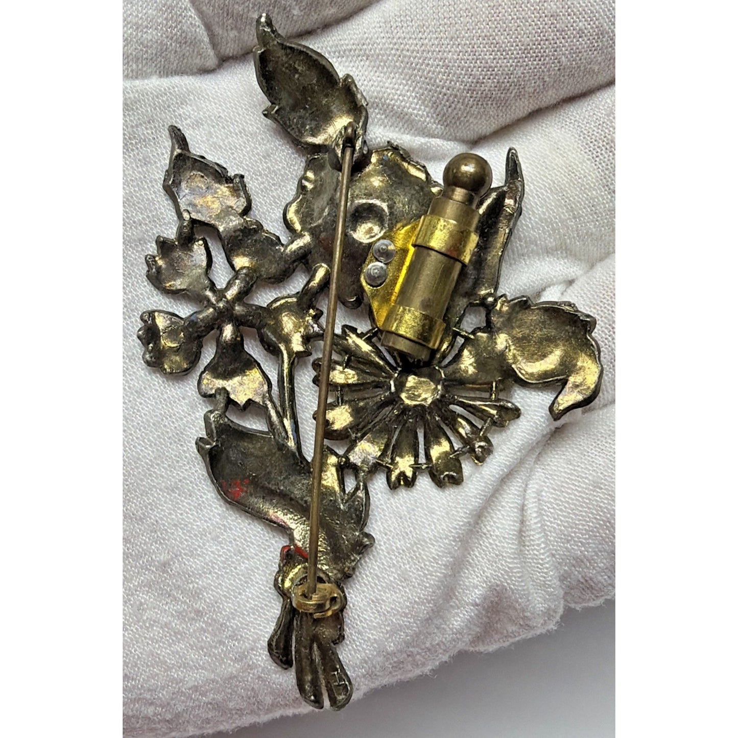 Art Deco Enamel Flower Brooch Bouquet Brass Vial Rhinestone Pot Metal As Is