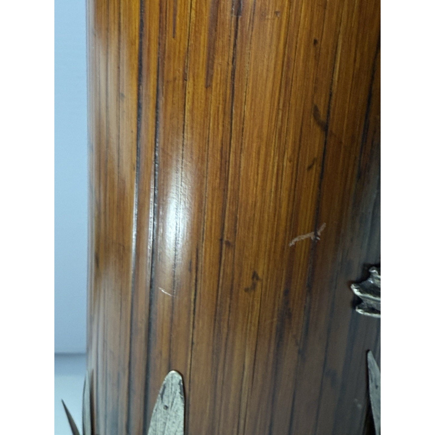 Old Japanese Bamboo Wood Vase Silvered Frog Grass Enameled Butterfly Large Read