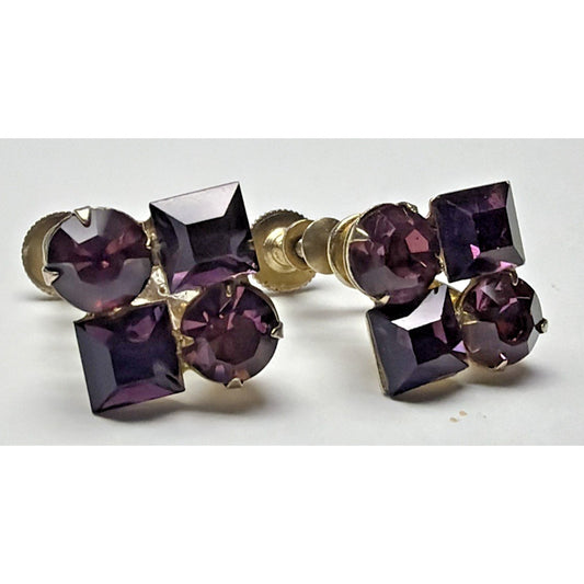 Vintage Coro Purple Faceted Rhinestone Cluster Gold Tone Screw Back Earrings