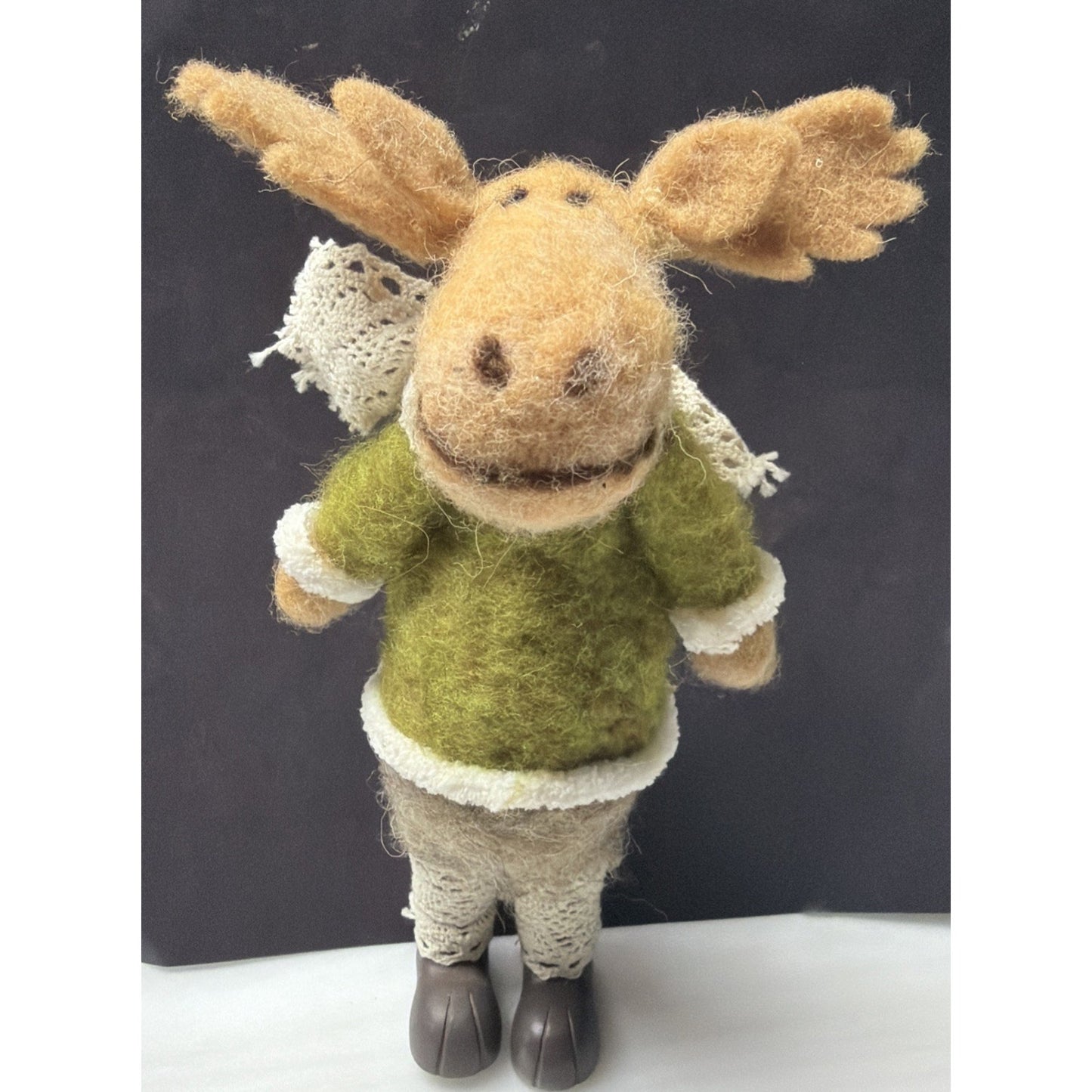 Felt Plush Christmas Moose Standing Green Sweater Lace Scarf Leggings As Is