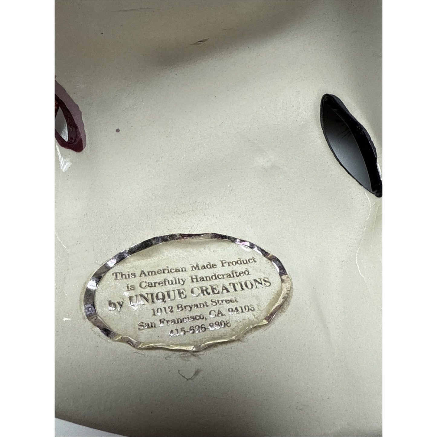 Unique Creations Ceramic Glazed Mask Feathers Pearl Signed Sticker 318/500 As-Is