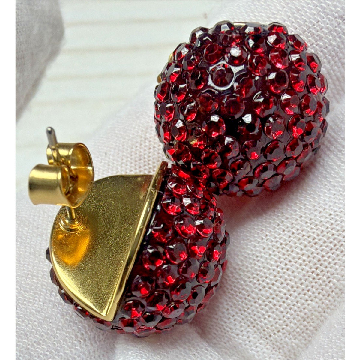 J Crew Pave Crystal Ruby Red Rhinestone Ball Stud Chunky Dome Earrings Gold Tone