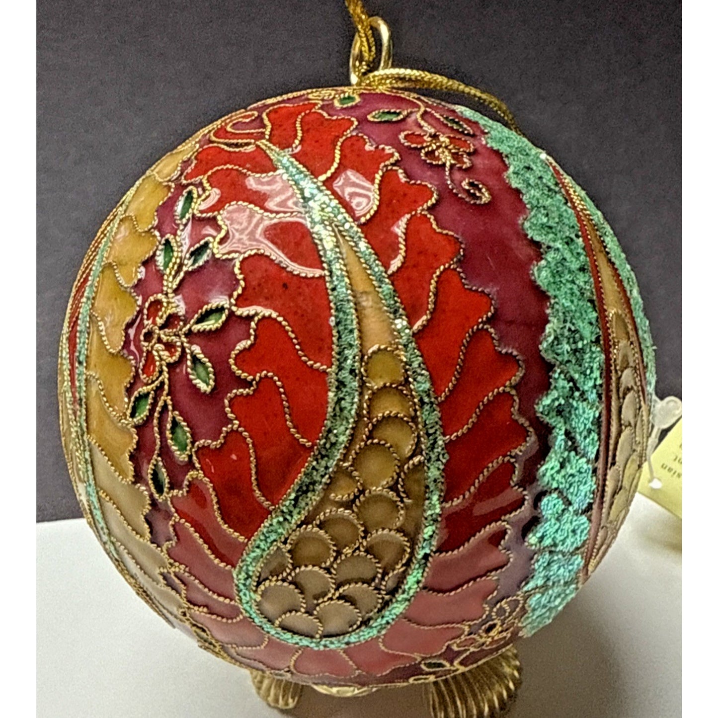 Vtg Cloisonne Ornament Ornate Large Paisley Decorated Enamel Gold Floral As-Is