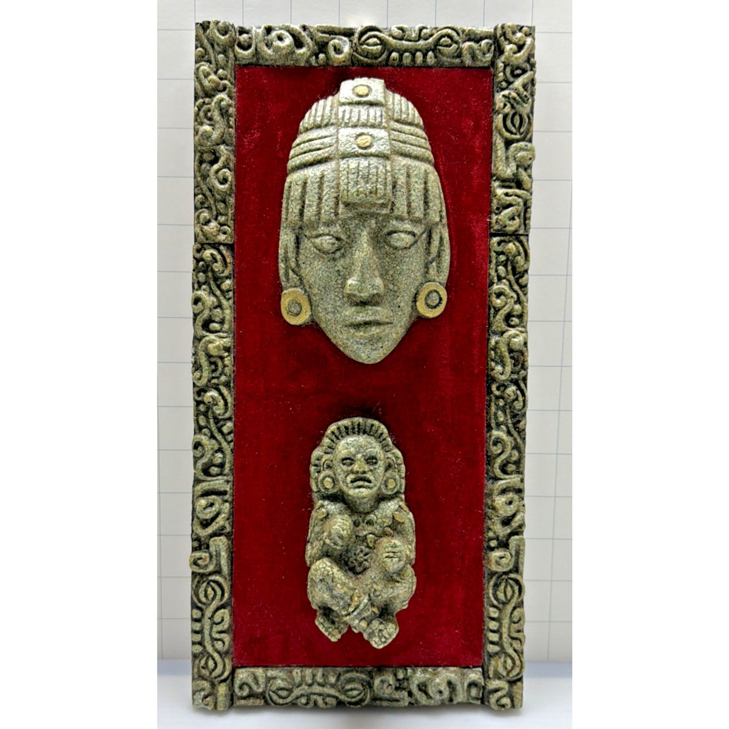 Vintage Aztec Mayan God Crushed Malachite Art Wall Hanging Plaque Wood Velvet