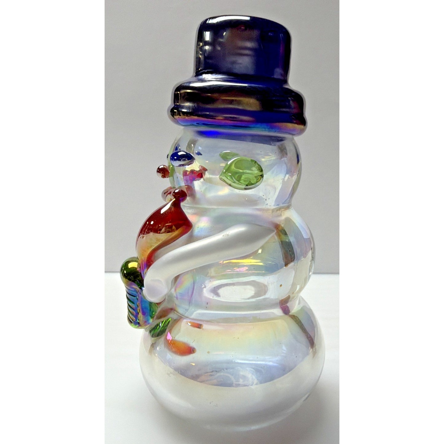 Vintage Art Glass Snowman Iridescent Applied Glass Paperweight Figurine