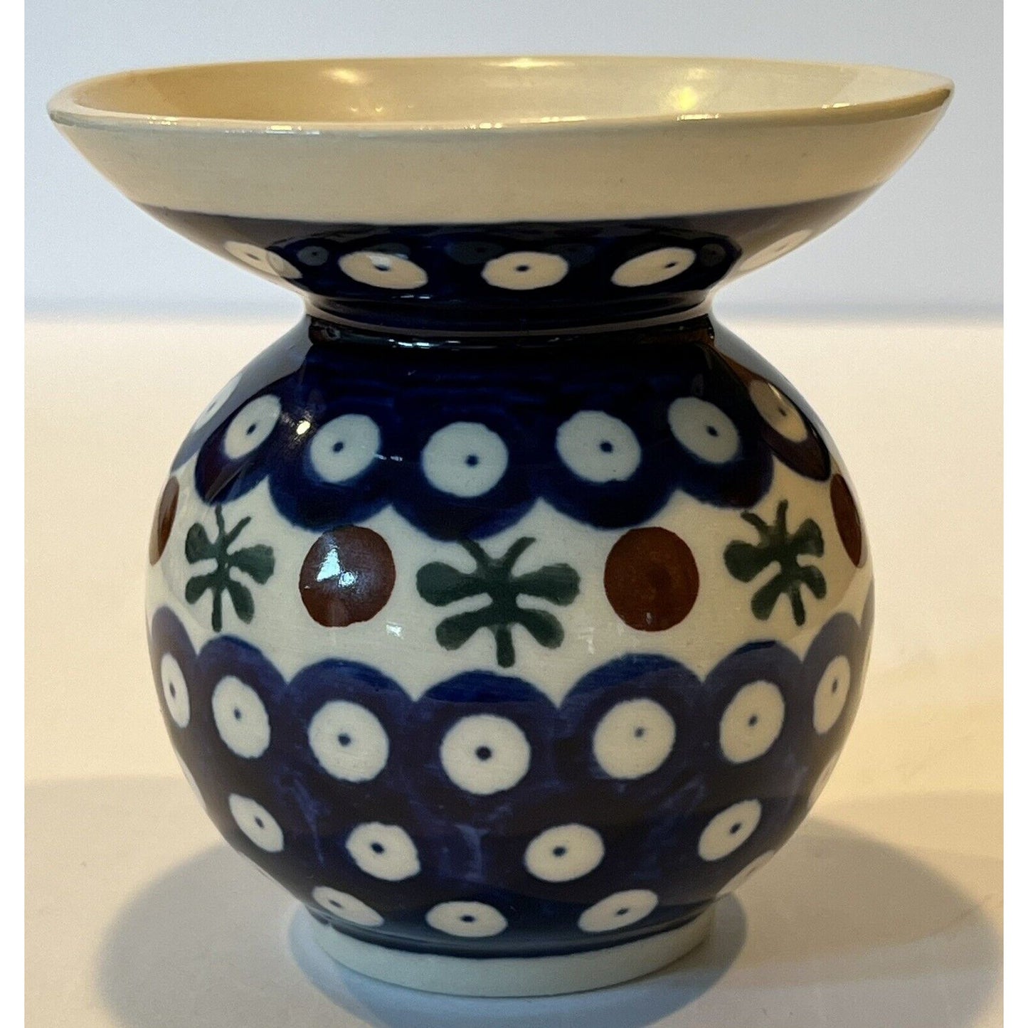 Boleslawiec Hand Made Polish Pottery Vase Blue Flared Rim Peacock Mosquito