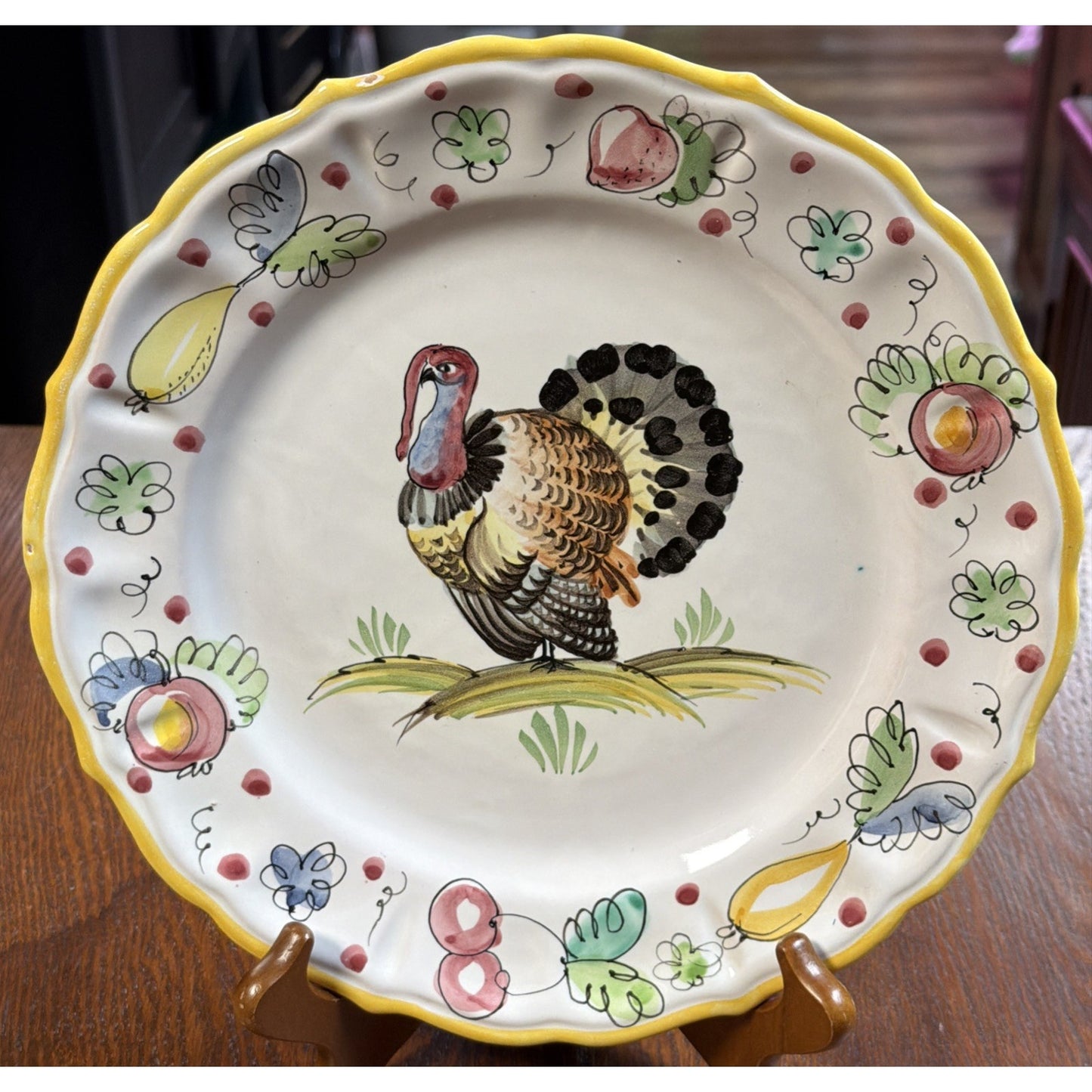Italy Majolica Pottery Plate Hand Painted Turkey Porcelain Glazed Numbered As Is