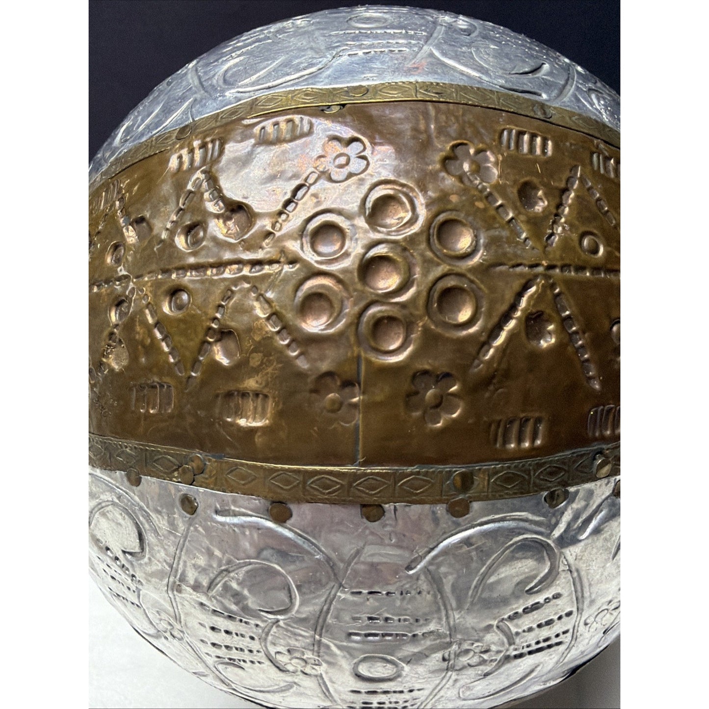 Vtg Mixed Metal Wrapped Sphere Orb Hand Tooled Design Ornate Ball Brass Bronze