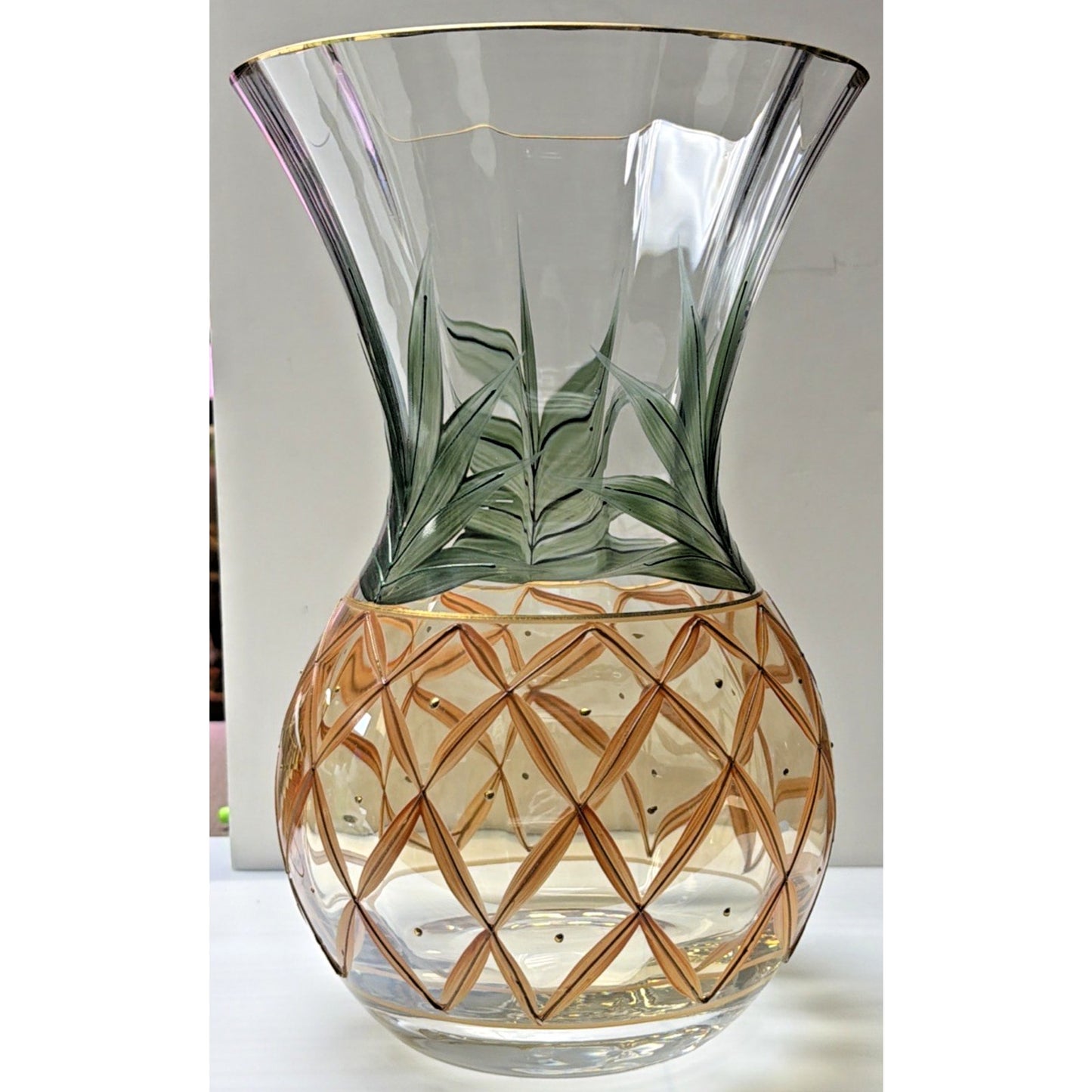 Romanian Crystal Pineapple Vase Gold Trim Green Palm Large Orange Crystal Clear