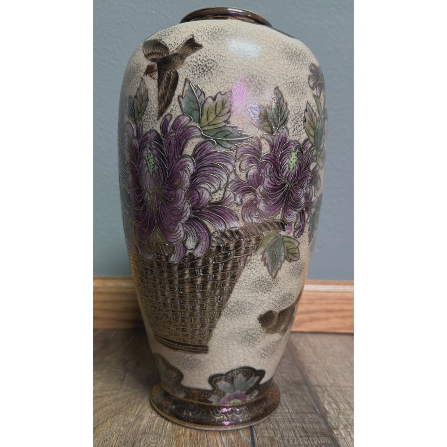 Old Hand Painted Japanese Satsuma Vase Crackle Gold Gilded Birds Floral Birdcage