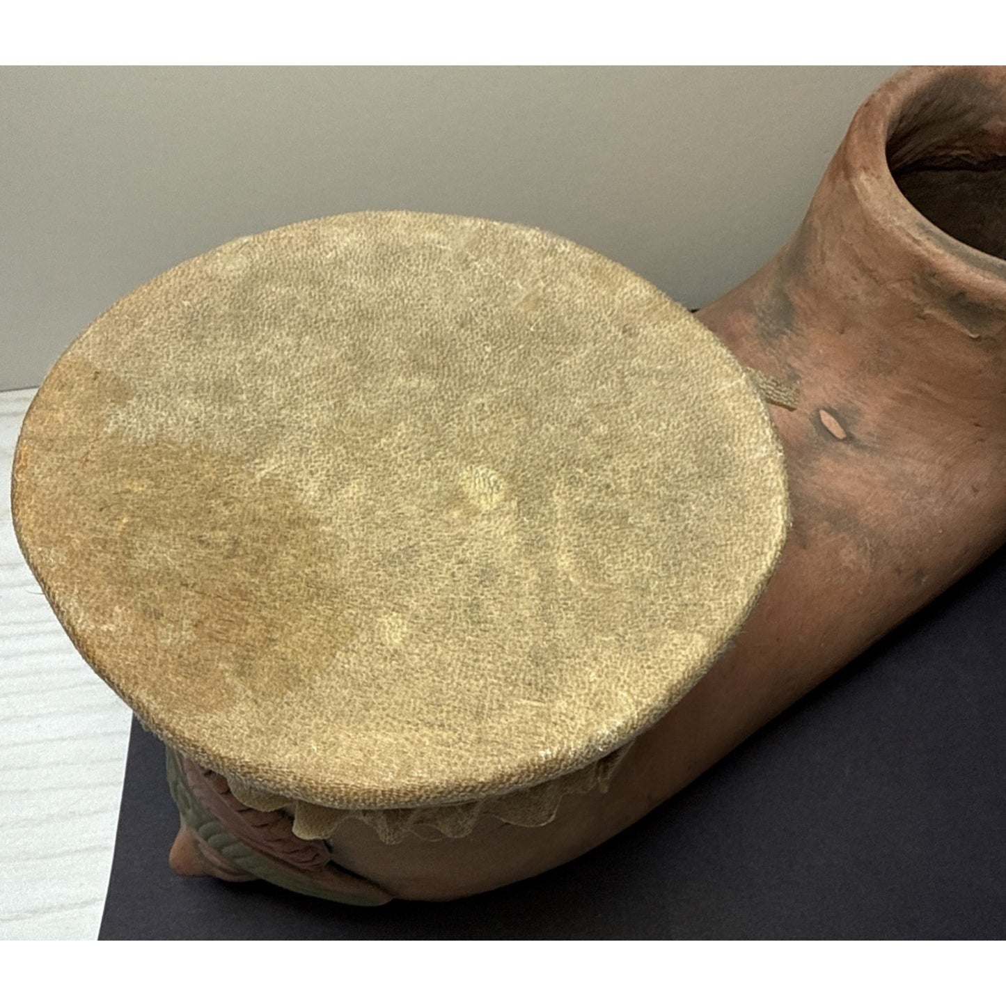 Vintage Mayan Aztec Folk Art Terracotta Clay Water Drum Figural Hide