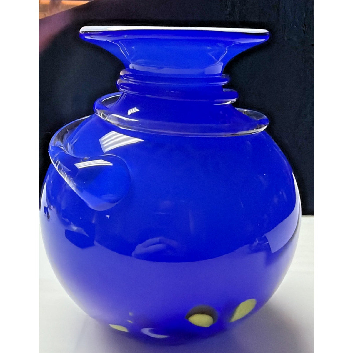 Modern Cobalt Blue Abstract Cased Art Glass Vase Spiral Confetti Spots