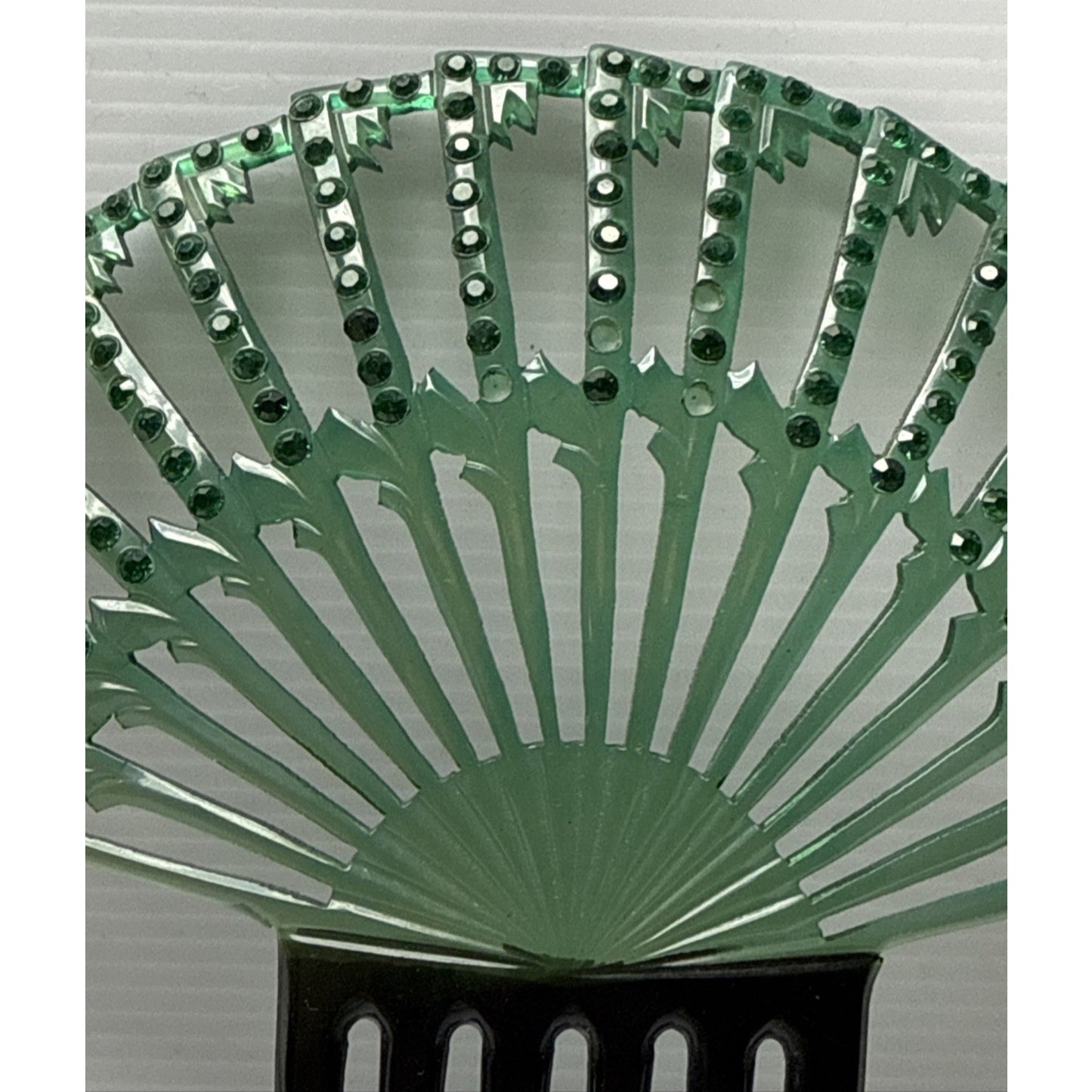 Art Deco Large Fan Shape Hair Comb Green Black Celluloid Rhinestone As-Is