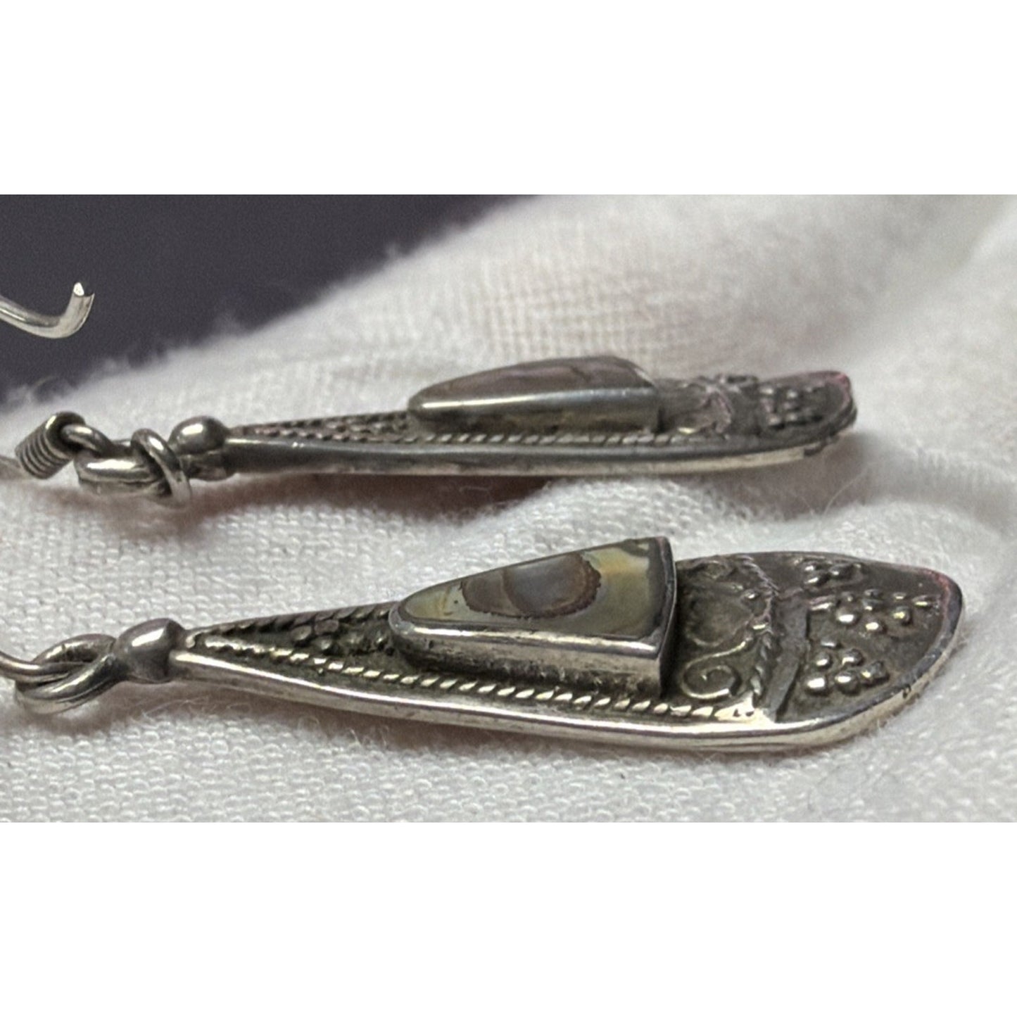 Vtg ATI Mexico Sterling Silver 925 Pierced Drop Teardrop Ornate Earrings Abalone