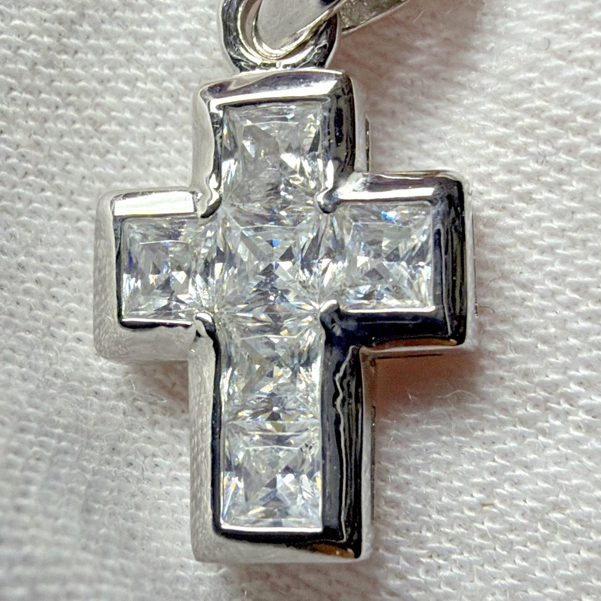 Sterling Silver Religious Cross Pendant Necklace Princess Cut Crystals Box Chain