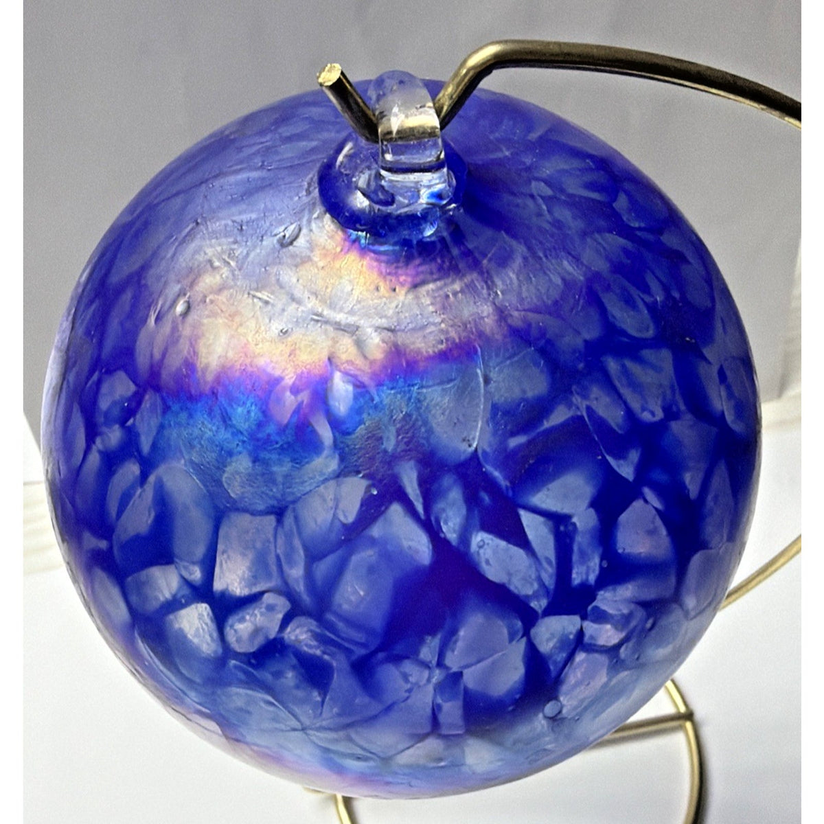 Hand Blown Studio Art Glass Cobalt Blue Iridescent Webbed Ornament Orb Witch Ball