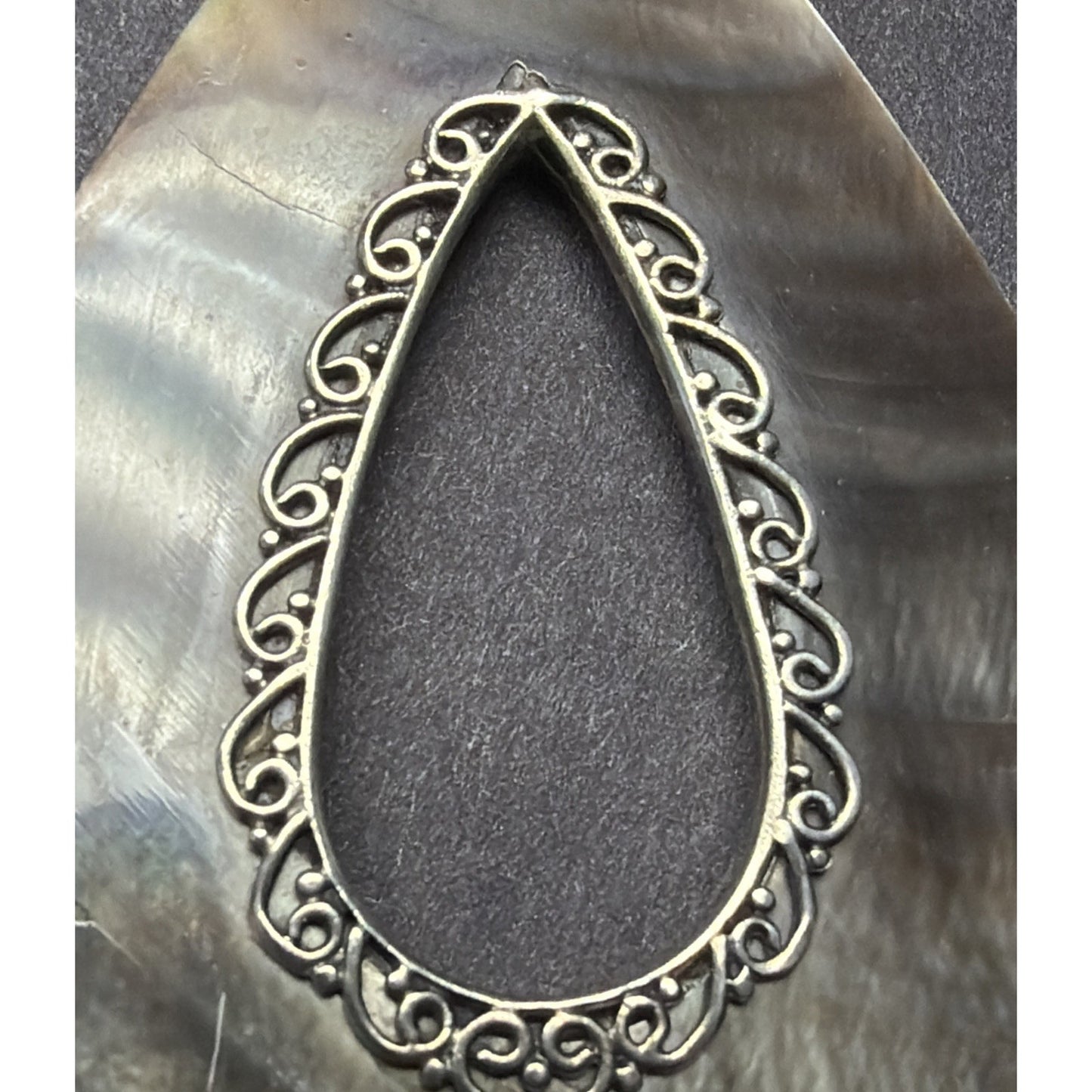 Sterling Silver Abalone MOP Teardrop Pendant Ornate Filigree Bali Style As Is
