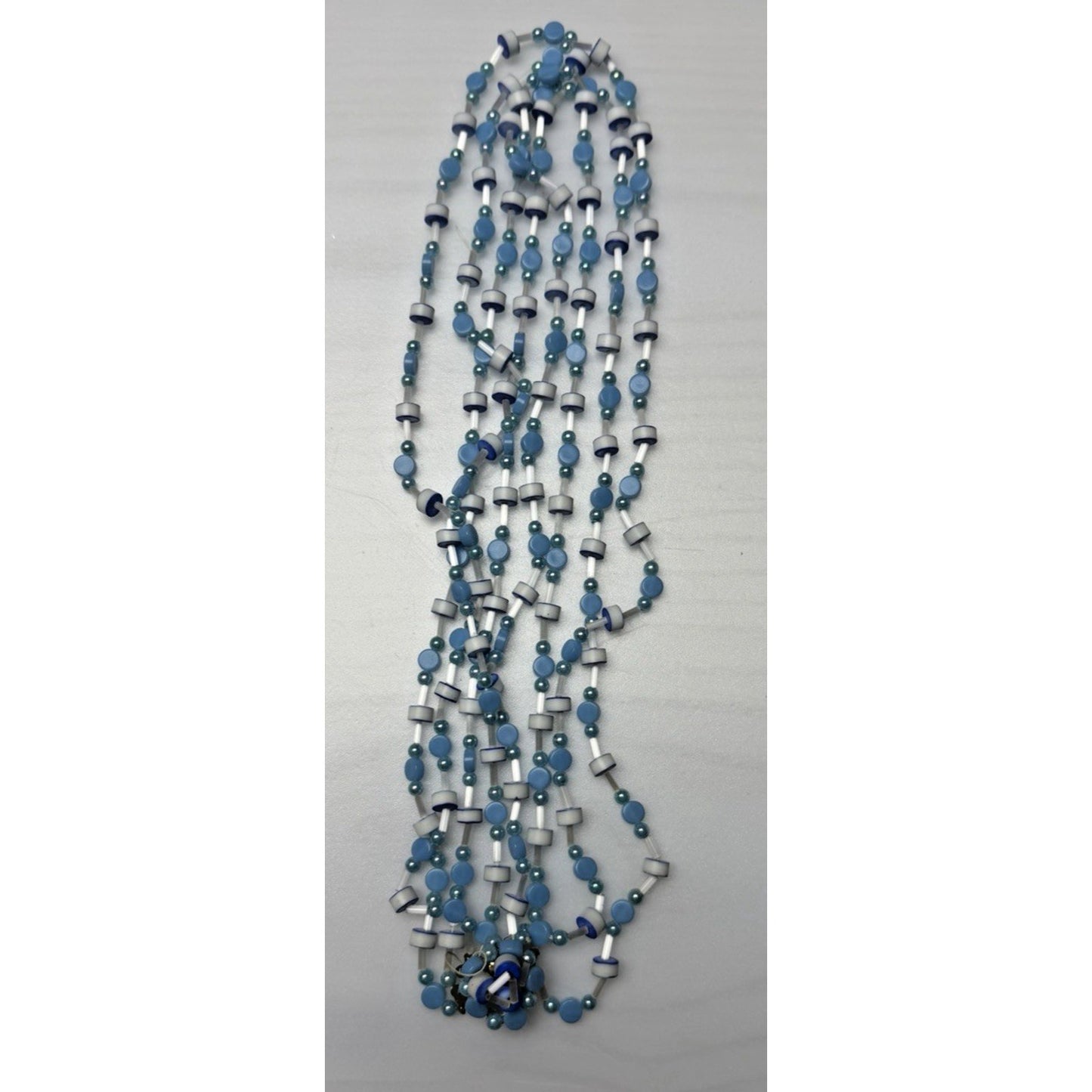 Japan Blue White Multi Strand Beaded Necklace Clip Earrings Jewelry Set As Is