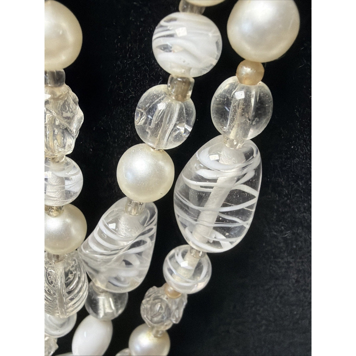 Vintage Japan Multi Strand Beaded Necklace Art Glass Faux Pearl Lucite Molded