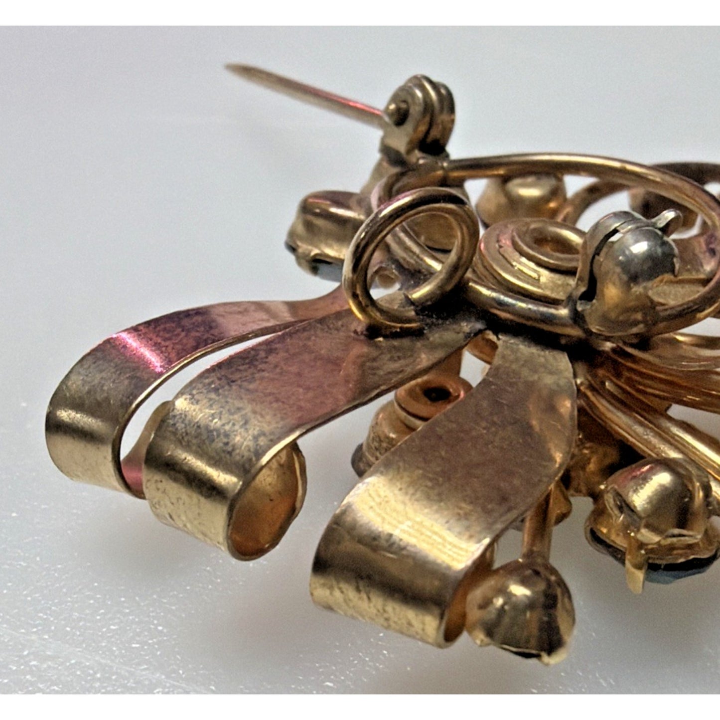 Vintage 1/20 10k Gold Filled Floral Spray Ribbon Pendant Brooch Aqua Rhinestone