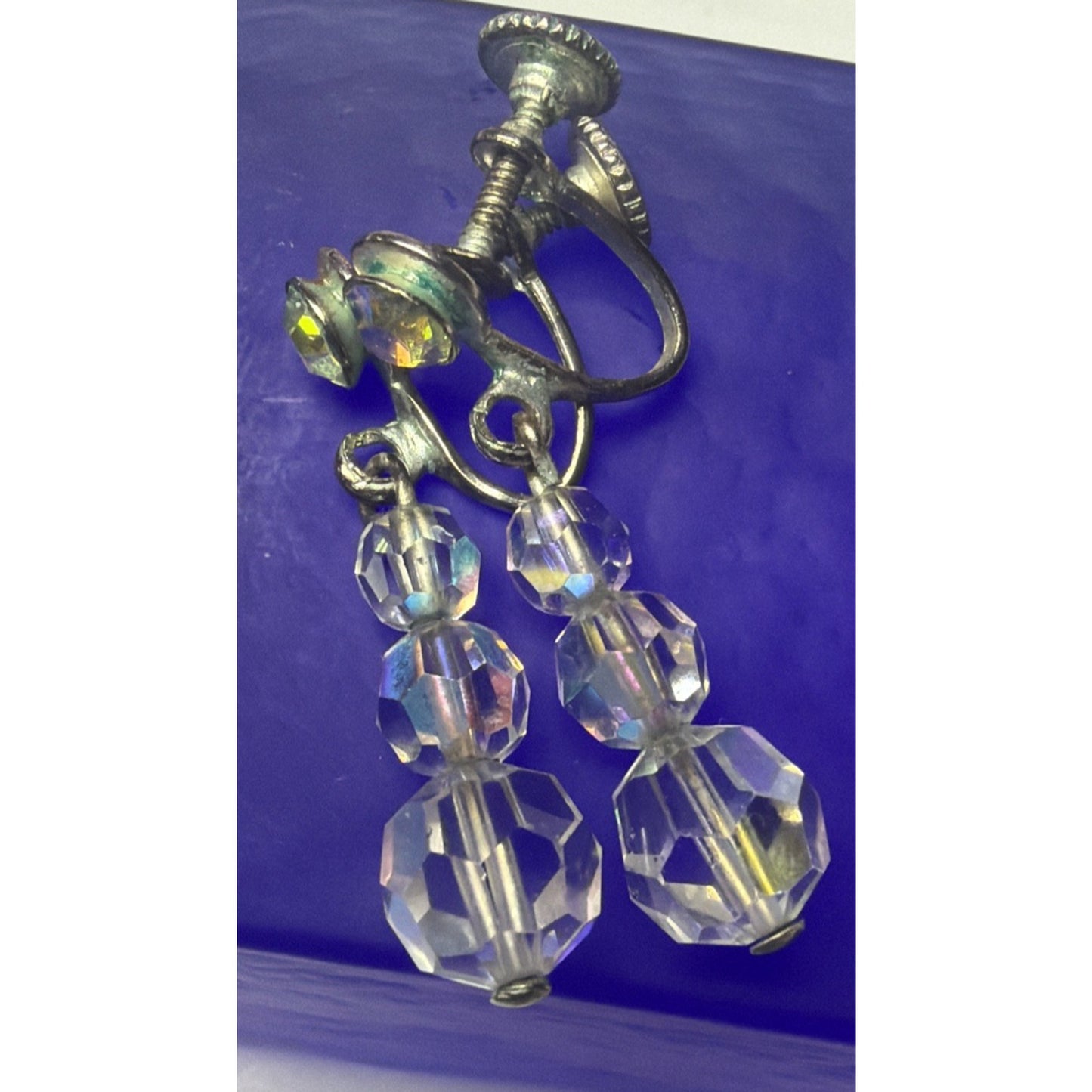 Vintage Clear Aurora Borealis AB Crystal Bead Dangle Screw Back Earrings