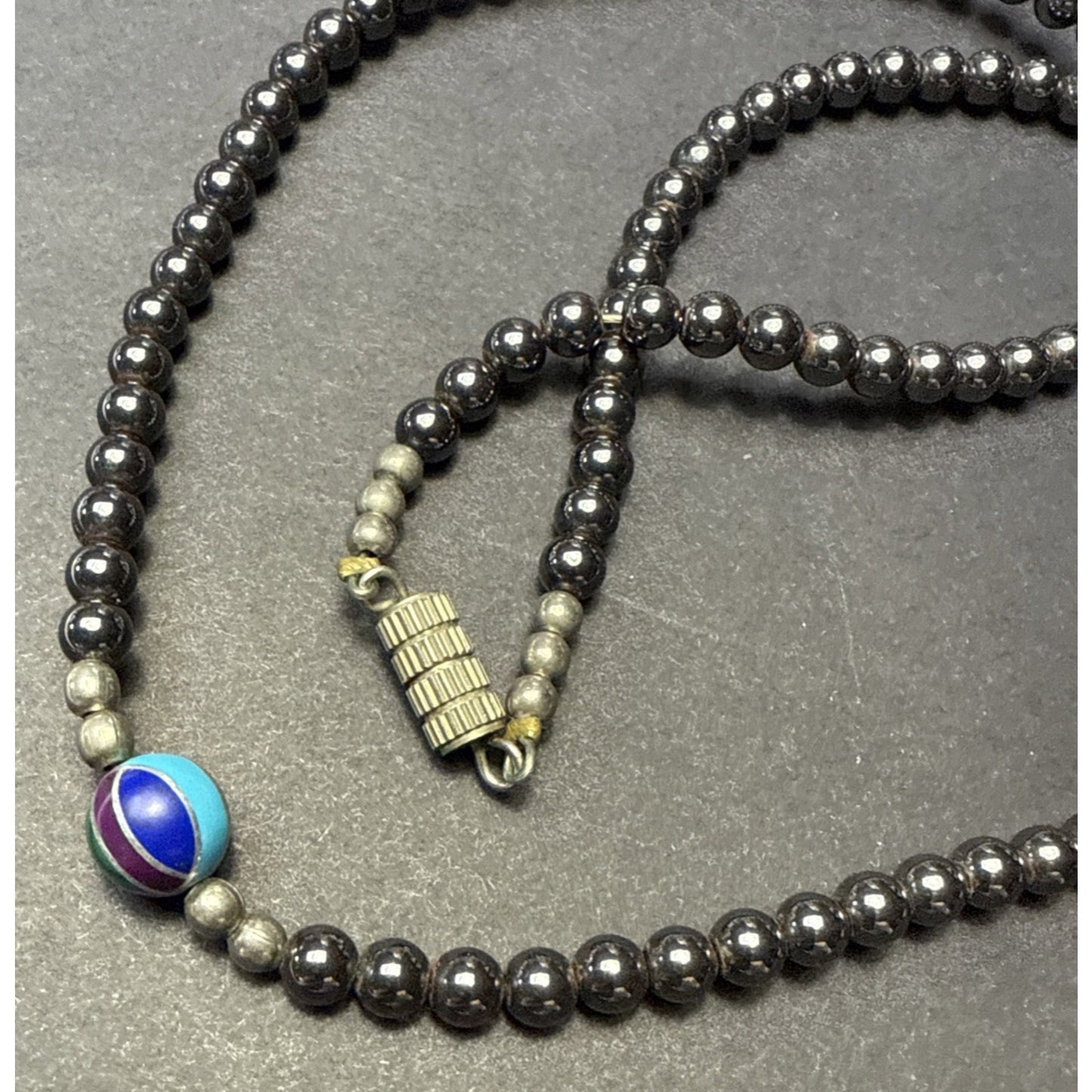 Navajo Pearl Hematite Sterling Silver Inlay Beaded Necklace