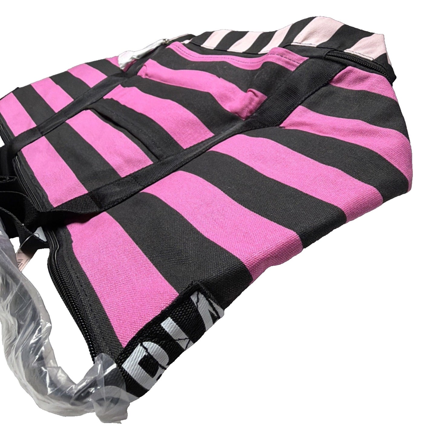 Victoria’s Secret Iconic Canvas Pink Black Striped Weekender Bag Tote Exandable