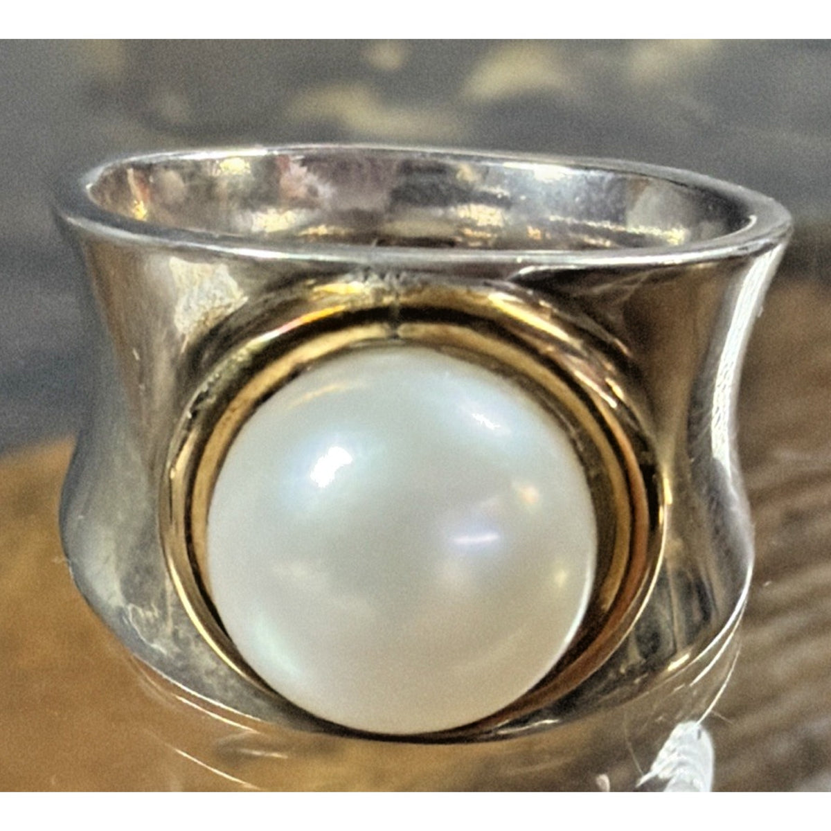 Italy Sterling Silver 18kt Gold Ring 9.5-10mm Pearl Wide Band Sz 7 Read
