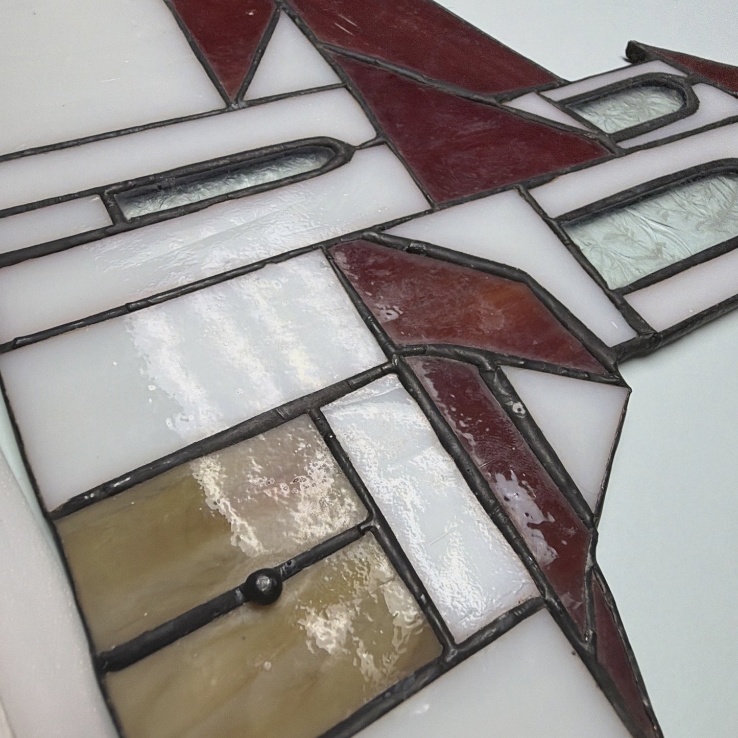 Vintage Stained Glass Church Suncatcher Red Slag Crackle Amber