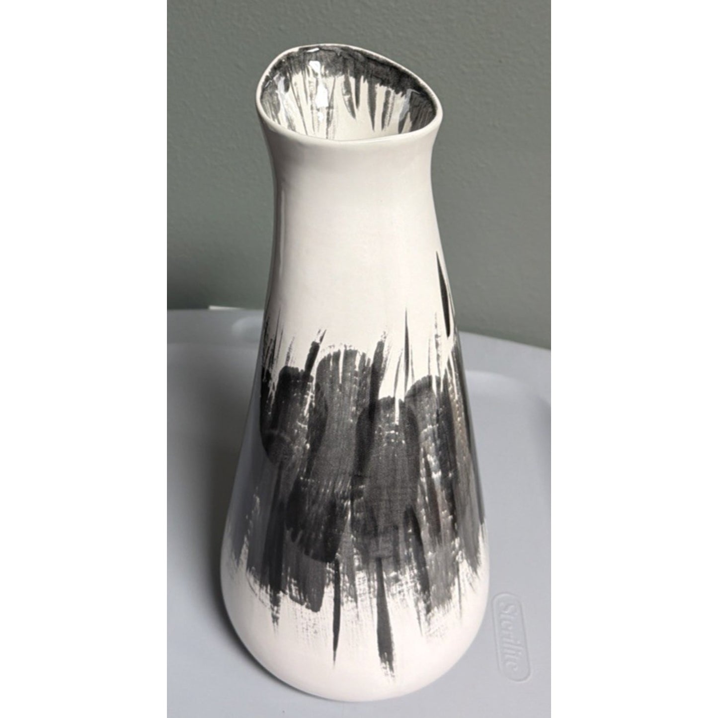 MCM Abstract Art Pottery Vase Black White Brushed Glazed Asymmetrical Signed